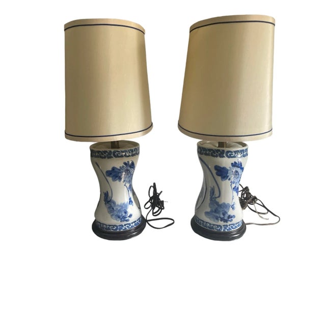 Antique Blue and White Lamp Set With Original Shades - A Pair For Sale - Image 4 of 6