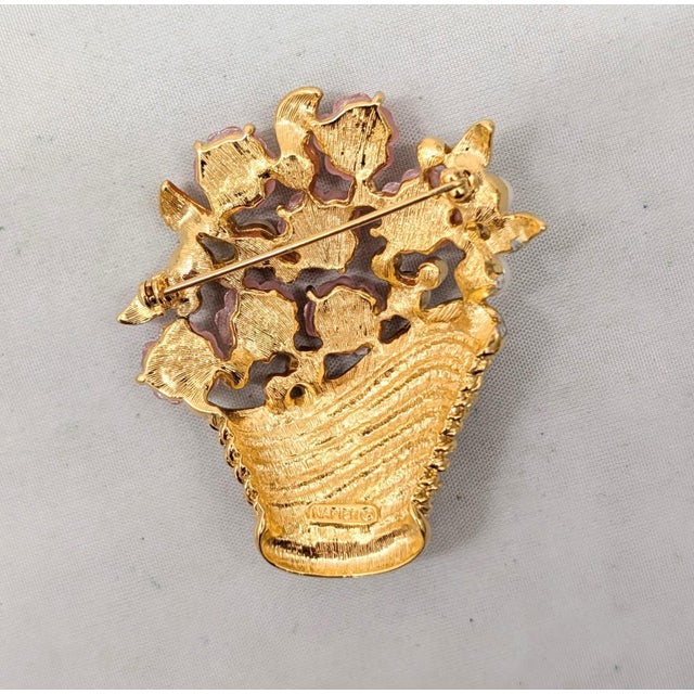 Metal Vintage 1980s Signed Napier Pink Rhinestone Flowers & Faux-Pearls in a Basket Brooch For Sale - Image 7 of 7