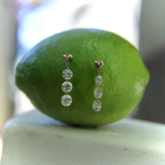 1990s 14k Gold Floating Diamond Dangle Earrings, A Pair For Sale - Image 9 of 9