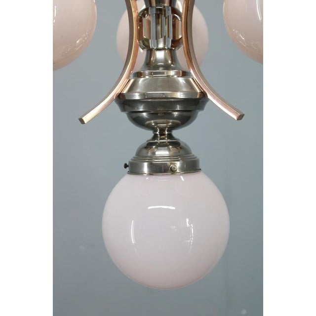 Czech Art Deco Nickel Chandelier with Rose Opaline Glass Globes, 1930s For Sale - Image 6 of 15