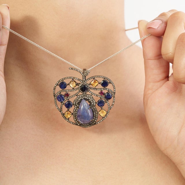 Contemporary Whimsical Orchard 7.5 Ct Tanzanite, Ruby & Citrine Apple Brooch Pendant in 925 Silver For Sale - Image 3 of 15