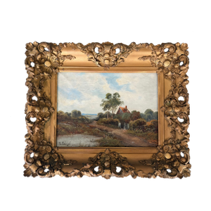 Antique British Rural Landscape With Cottage Oil on Canvas Painting by Edwin Cole