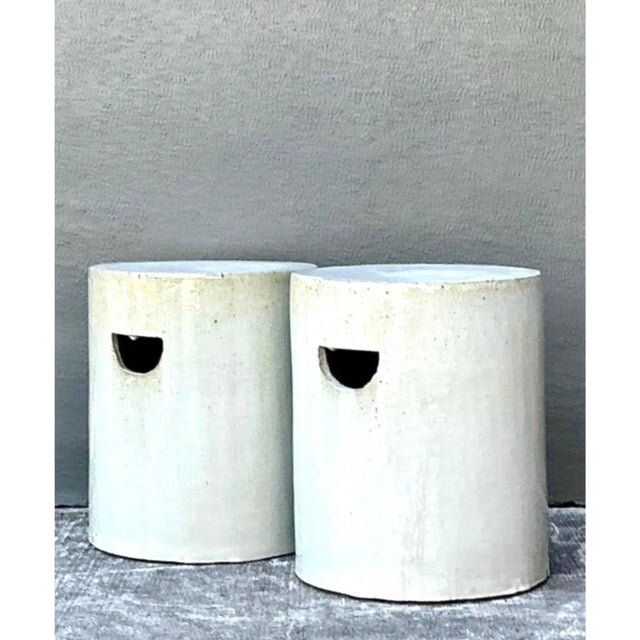 Vintage White Ceramic Low Stools - Pair For Sale - Image 9 of 12