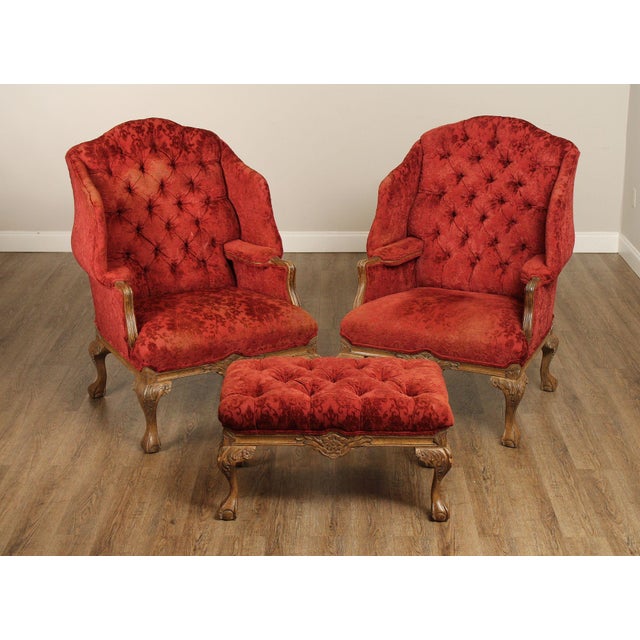 High Quality Pair of Custom Upholstered and Tufted Wing Chairs and Matching Ottoman, Each with Ball and Talon Feet