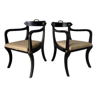 Pair of John Gee Style Hollywood Regency Ebonized Armchairs With Brass Accents For Sale