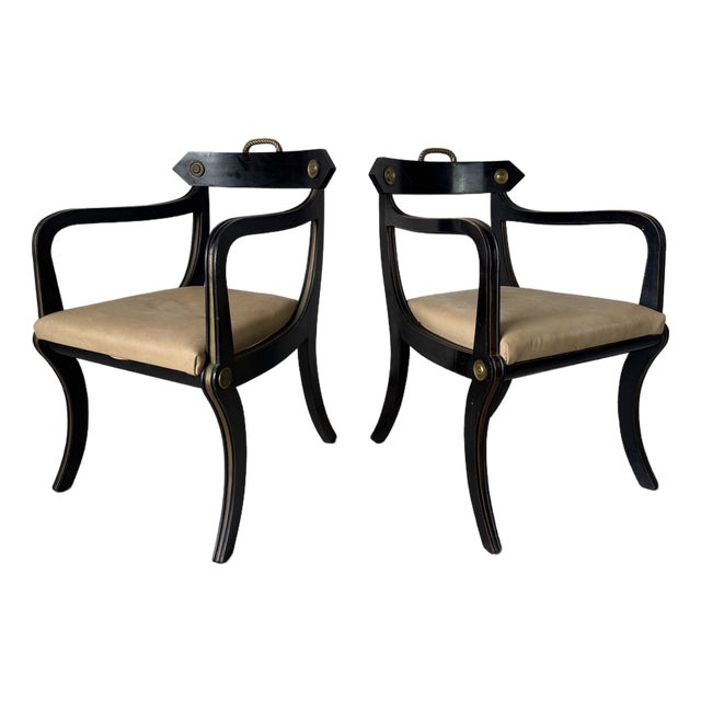 Pair of John Gee Style Hollywood Regency Ebonized Armchairs With Brass Accents For Sale
