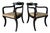 Pair of John Gee Style Hollywood Regency Ebonized Armchairs With Brass Accents For Sale