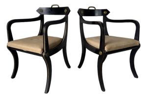 Pair of John Gee Style Hollywood Regency Ebonized Armchairs With Brass Accents