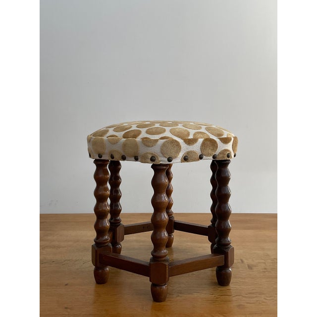 Wood Charming Mid 20th Century Danish Spool Leg Stool in Polka Dot Velvet For Sale - Image 7 of 10
