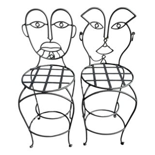 Late 20th Century Attributed to John Risley Wrought Iron His and Hers Bar Stools For Sale
