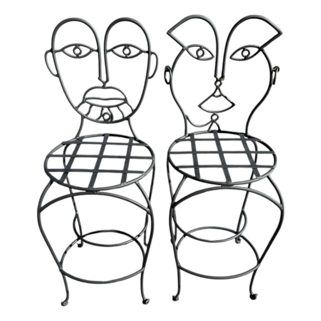 Late 20th Century Attributed to John Risley Wrought Iron His and Hers Bar Stools For Sale
