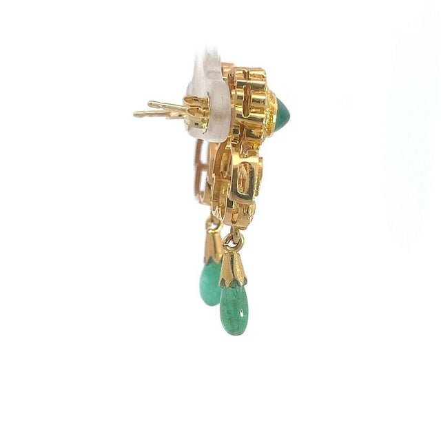 Emerald Diamond Gold Earrings 21k Floral Dangle Style, 2 pieces For Sale In Miami - Image 6 of 7