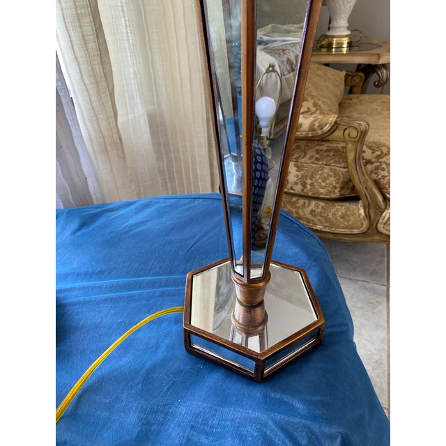 Hollywood Regency Hollywood Regency Mirrored Pagoda Style, Brass & Glass Accents Table Lamps, - a Pair For Sale - Image 3 of 12