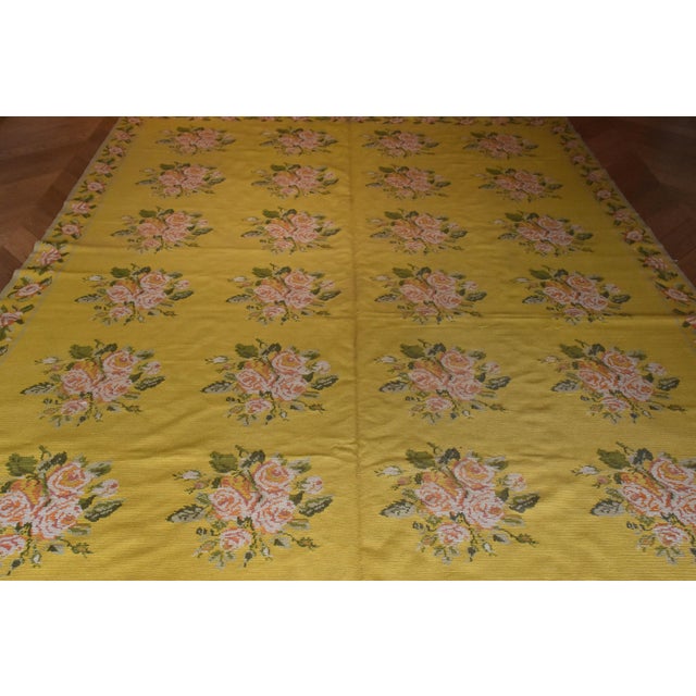 20th Century Yellow Arraiolos Rug with Pink and Green Flowers, Portugal, 1900s For Sale - Image 11 of 18