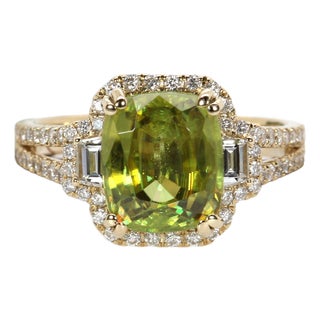 3.6Ct Sphene Ring With Natural Diamonds Accents: Solid 14k Gold, Cushion 9x7mm, Size 6.75 For Sale