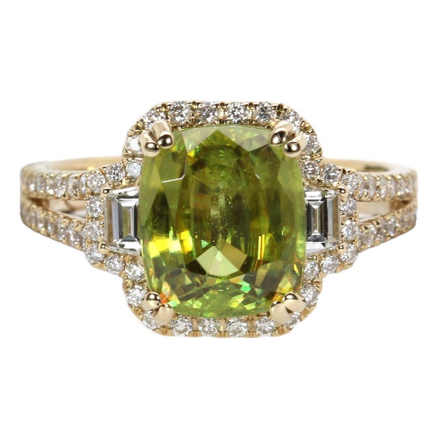 3.6Ct Sphene Ring With Natural Diamonds Accents: Solid 14k Gold, Cushion 9x7mm, Size 6.75 For Sale