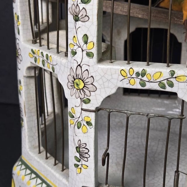 Ceramic Vintage 18" Italian Majolica Pagoda Birdcage With Birds – Crackle Glaze Florals For Sale - Image 7 of 14