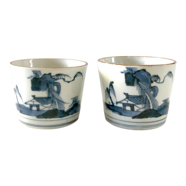 18th Century Antique Edo Period Japanese Soba-Choku (Choko) Blue Underglaze Cups - a Pair For Sale