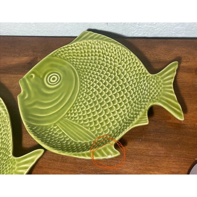 1990s Vintage Bordallo Pinheiro Majolica Green Fish Plates-Set of 3 For Sale - Image 5 of 5