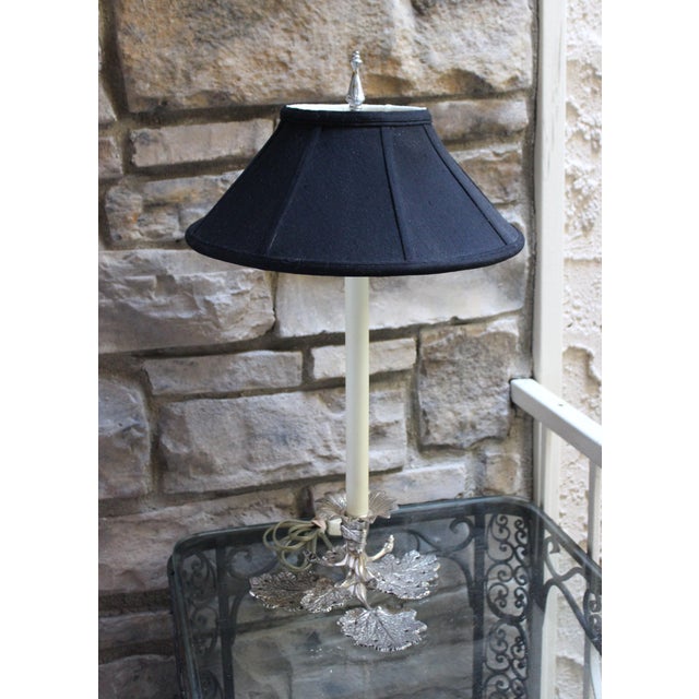Traditional Frederick Cooper Table Lamp Silver Black Shade Vintage Leaf Motif For Sale - Image 3 of 15