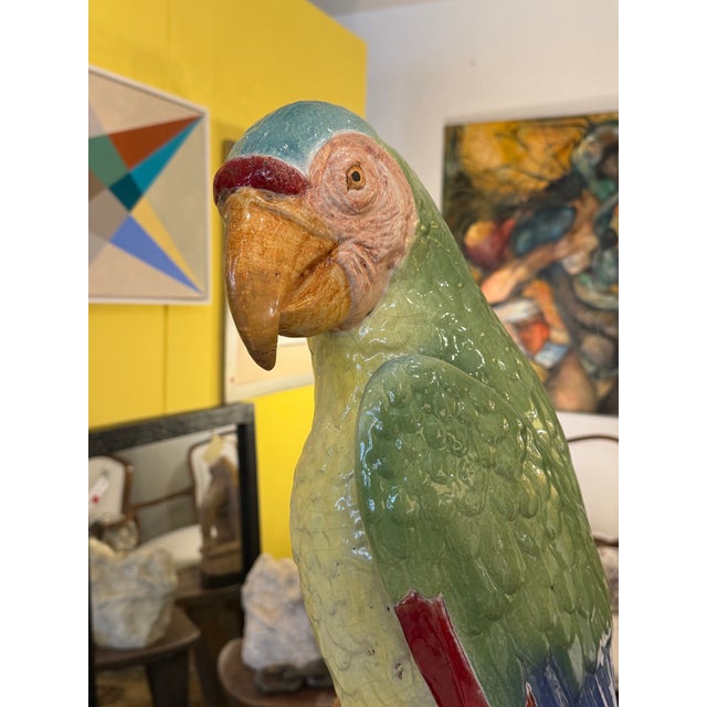 Majolica Earthenware Large Parrot Sculpture Hand Painted For Sale - Image 4 of 11