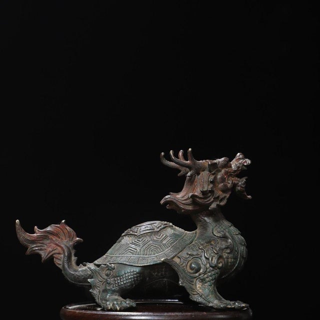 Late 19th Century Gilt Bronze Dragon Turtle Statue on Wooden Stand, 1.5kg For Sale In Los Angeles - Image 6 of 9
