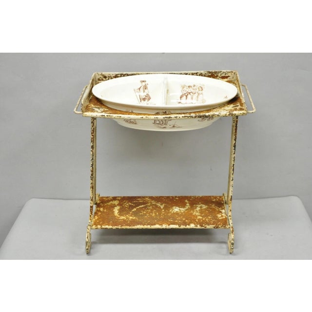 Antique French Victorian Child's Wrought Iron Small Wash Stand w/ Figural Decorated K&G Luneville Faience Earthenware...