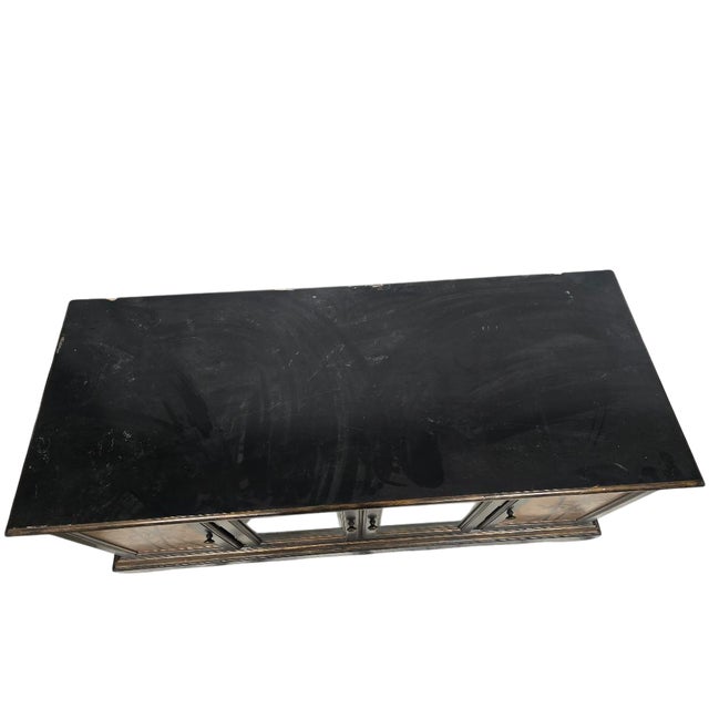 Mid 20th Century Asian-Inspired Black Lacquer Credenza With Hand-Painted Bamboo Panels For Sale - Image 4 of 6