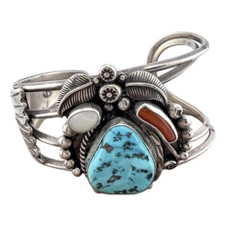 1970s Navajo Style Sterling Silver Multi-Stone Cuff Bracelet With Turquoise, Coral & Mother of Pearl For Sale