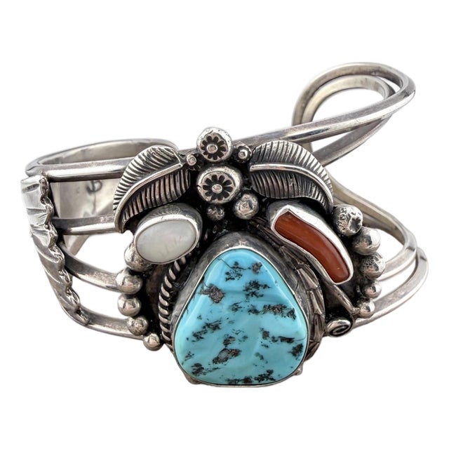 1970s Navajo Style Sterling Silver Multi-Stone Cuff Bracelet With Turquoise, Coral & Mother of Pearl For Sale