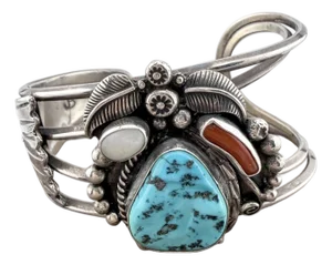 1970s Navajo Style Sterling Silver Multi-Stone Cuff Bracelet With Turquoise, Coral & Mother of Pearl