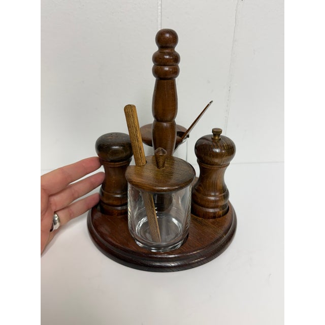 Beautiful vintage mid-century glass and wood condiment set. This is a complete set! A charming vintage mid-century set for...