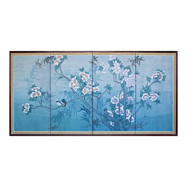 1970s Chinese Painted Silk Screen "Magnolia and Blue Jay" For Sale