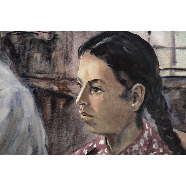 Portrait of a Mexican girl in church by Joseph Yeager (early-mid 20th Century) on heavy bond watercolor paper with ragged...