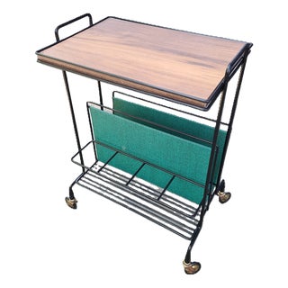 Side Table with Magazine Rack on Casters in Metal and Veneer, 1960s For Sale
