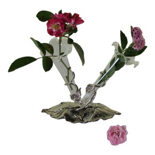 Sterling Silver Leaves Shape Double Flower Vases For Sale