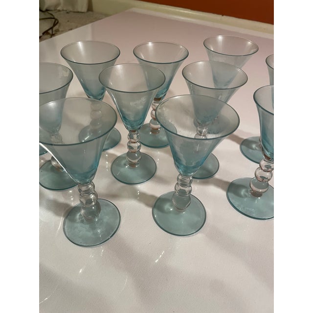 Art Deco 1960s One Dozen (12) Vintage Turquoise Glass Cordials With Bubble Stems For Sale - Image 3 of 10