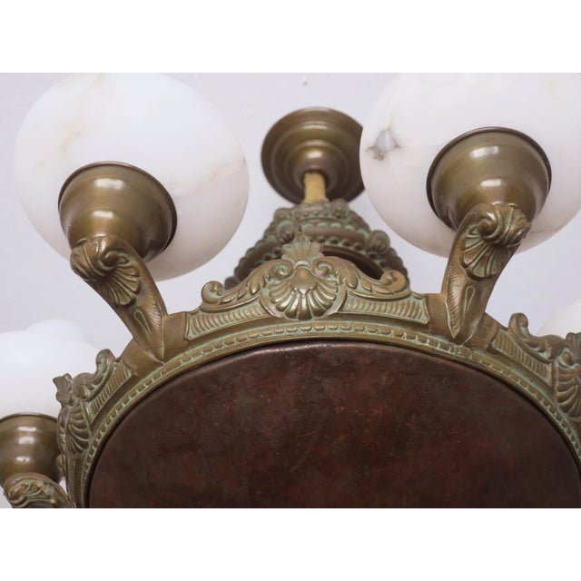 Antique Bronze and Alabaster Chandelier with Verdigris Patina, 1910 For Sale - Image 5 of 12