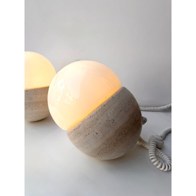 Glass Pair of Travertine and Opaline Glass Culbuto Lamps Italy, 1980s For Sale - Image 7 of 12