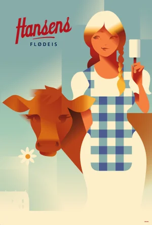 Contemporary Danish Poster, Farm Girl With Cow, Mads Berg
