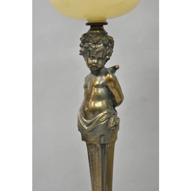 Vintage French Renaissance Brass Cherub Putti Column Cream Glass Table Lamp Pair For Sale - Image 10 of 13