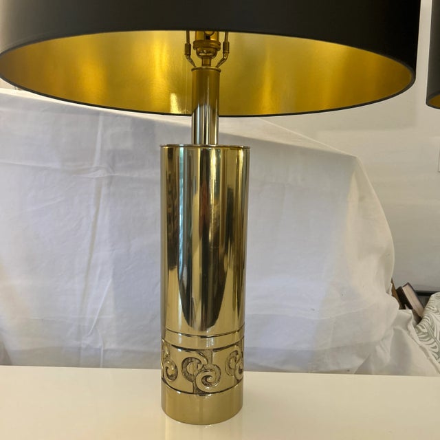 Metal 1970s Pierre Cardin Signature Brass Columnar Table Lamps a Pair For Sale - Image 7 of 10