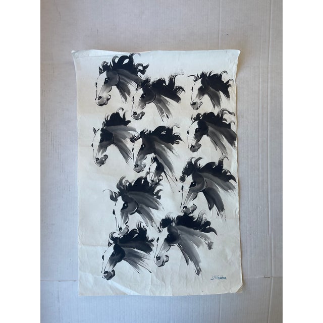 Black Expressive Vintage Ink Horse Painting by j.p. Gaston in Asian Brush Style on Rice Paper. For Sale - Image 8 of 10