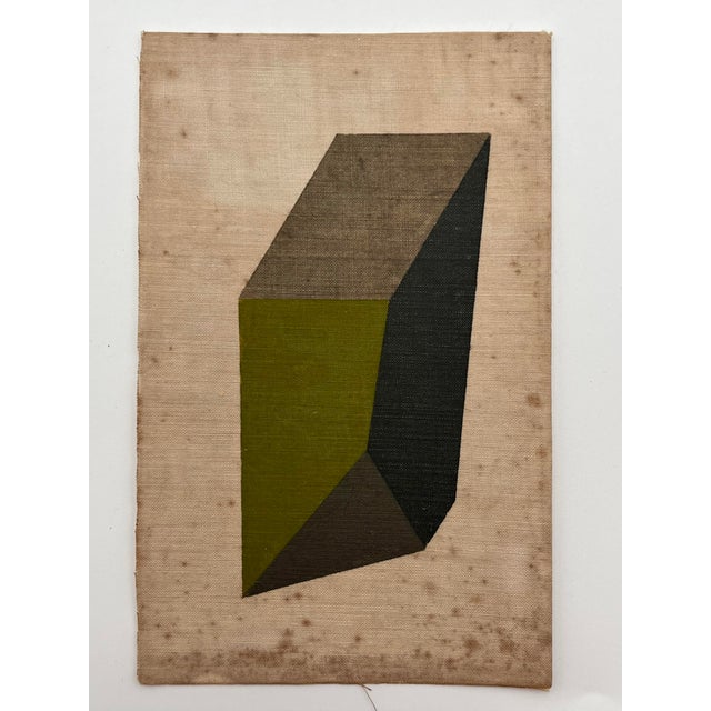 A striking vintage miniature geometric abstraction featuring a sculptural, architectural form rendered in olive green,...