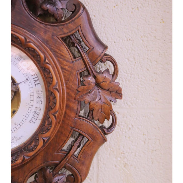 Wood 19th Century French Black Forest Carved Walnut Wall Barometer Thermometer For Sale - Image 7 of 9