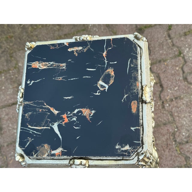 1990s Italian Baroque Black Silver Resin Pedestals W/ Marble Effect Tops - Pair For Sale - Image 13 of 18