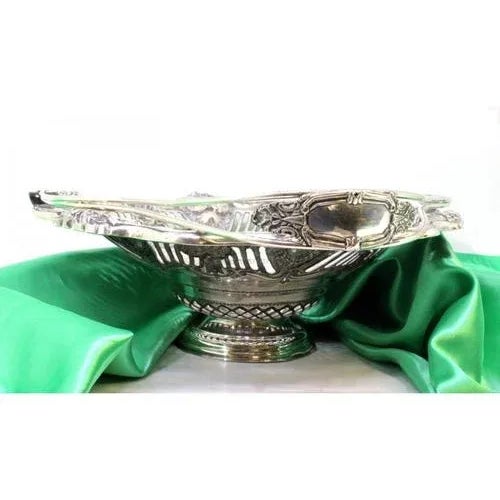 Silver Silver Fruit Bowl with Shell-Shaped Cutouts, Reliefs, Double Handle with Monogram Card For Sale - Image 8 of 9