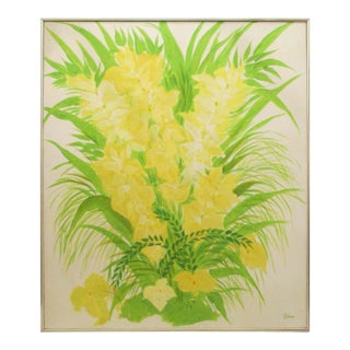 1970s Floral Acrylic Painting in Yellow and Green, Framed For Sale