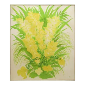 1970s Floral Acrylic Painting in Yellow and Green, Framed
