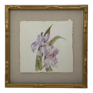 Vintage Original Purple Iris Watercolor Painting Arches Paper Gilt Bamboo Frame For Sale